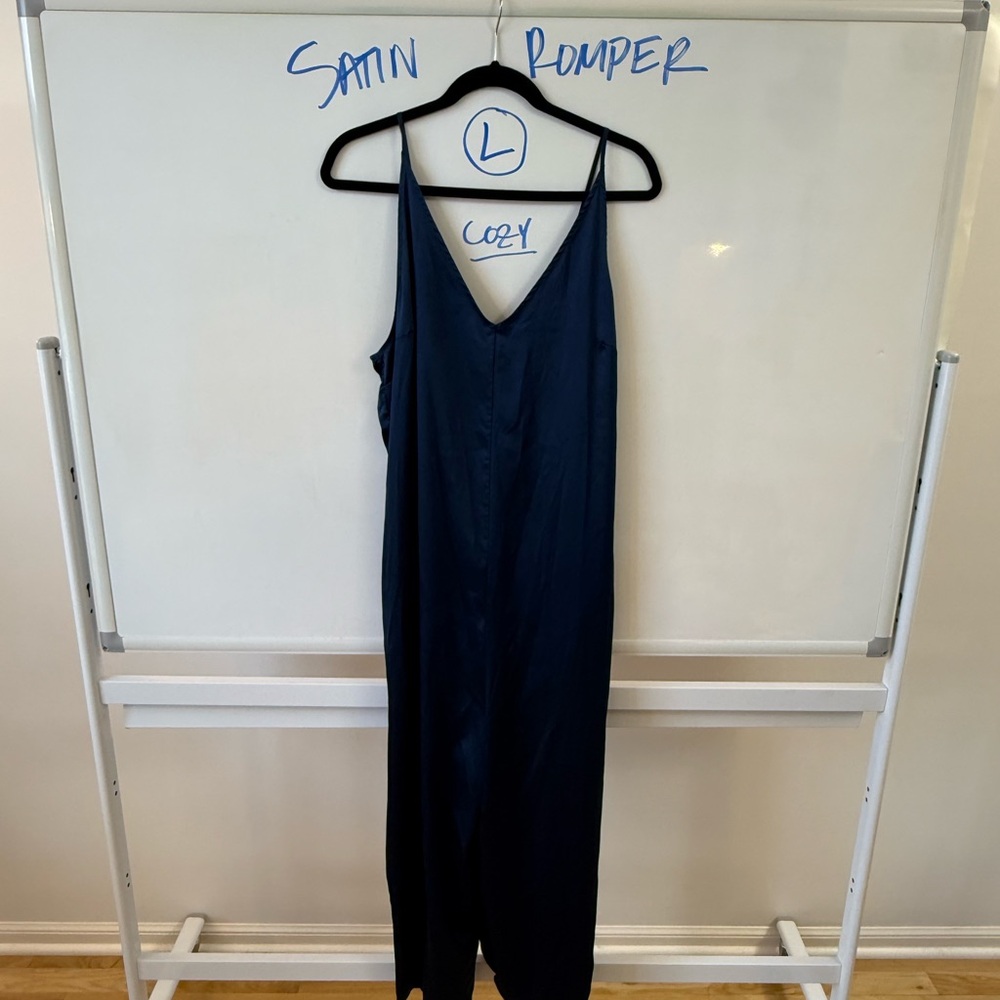 Satin V-Neck Slip Romper in Navy